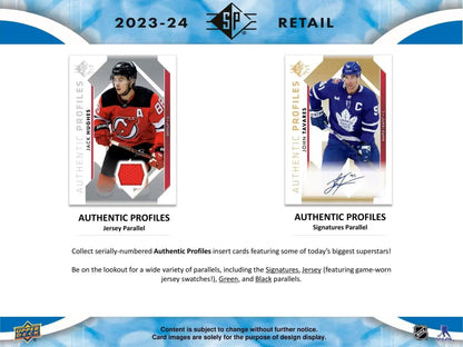 Two hockey trading cards with player images, autographs, and jersey swatches from 2023/24 Upper Deck SP Hockey featuring rookie authentics and patterned foilboard