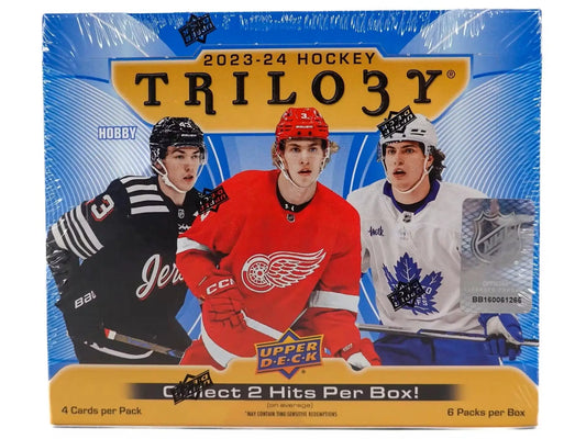 2023-24 Upper Deck Trilogy Hockey Hobby Box with base set, auto parallel, and common cards