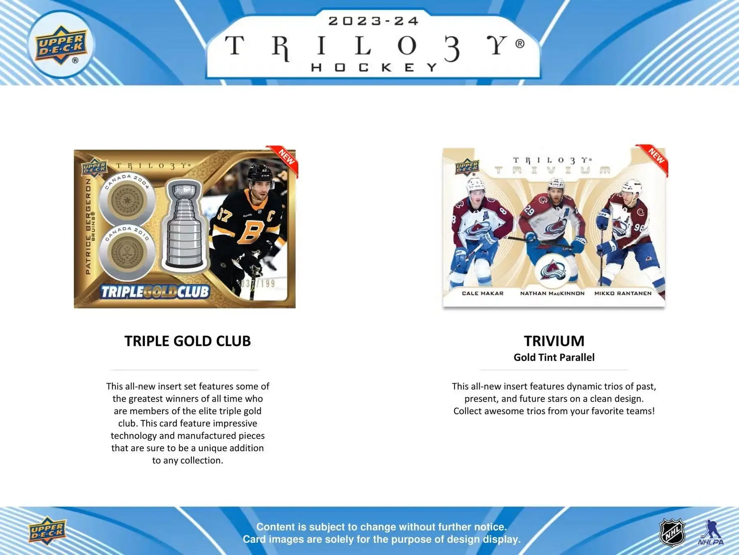 Hockey card inserts including base set and auto parallel cards from 2023-24 Upper Deck Trilogy Hobby Box