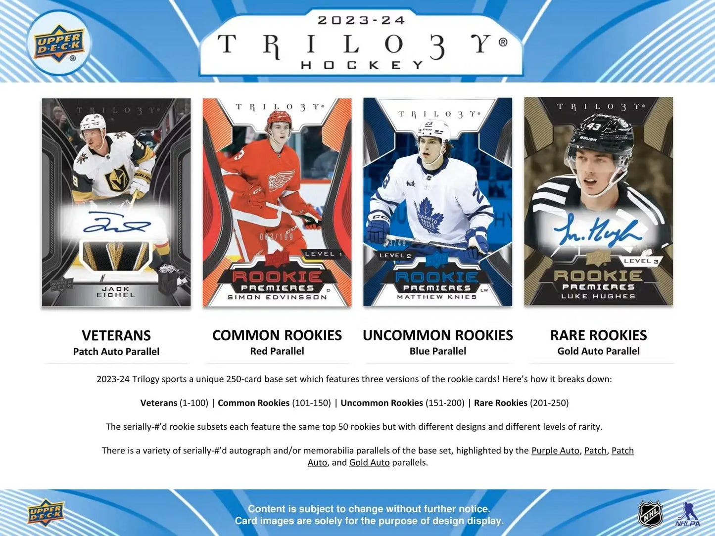 Hockey card product advertisement for 2023-24 Upper Deck Trilogy Hobby Box featuring base set and auto parallel