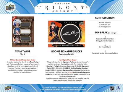 Hockey card product advertisement for 2023-24 Upper Deck Trilogy Hobby Box featuring base set and auto parallel cards