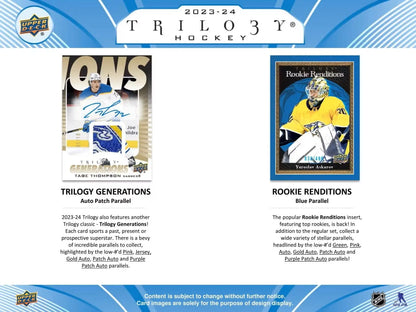 Hockey card advertisements showcasing base set and auto parallel cards in 2023-24 Upper Deck Trilogy Hobby Box