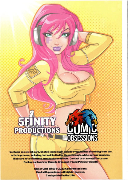 Comic card of a pink-haired woman with headphones from 5finity Gamer Girls series