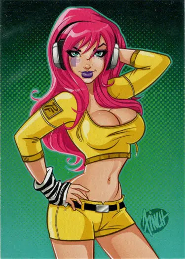 Stylized cartoon pink-haired woman in yellow wearing headphones on Gamer Girls trading card