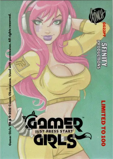 Anime-style pink-haired woman in yellow top with headphones on 2023 trading cards