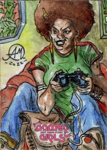 Cartoon-style sketch card of Alex Magno’s gamer girl with an afro playing video games