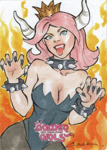 Cartoon character with pink hair and crown from 2023 Andres Cruz sketch card trading cards