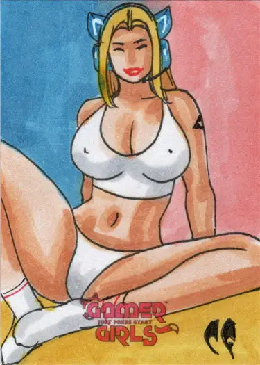 Stylized woman in white with cat ears from Chris Foulkes 2023 sketch card collection