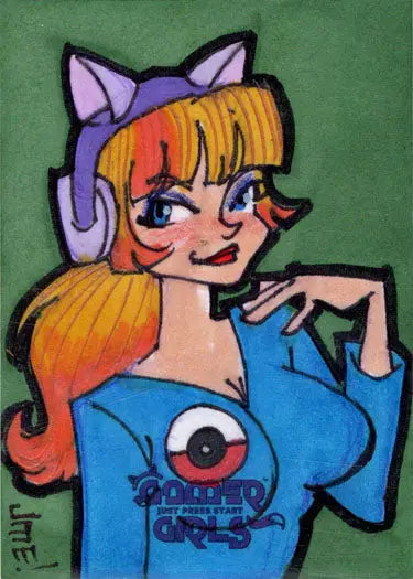 Cartoon woman with orange hair in blue top, featured in Jme Foronda Sketch Card