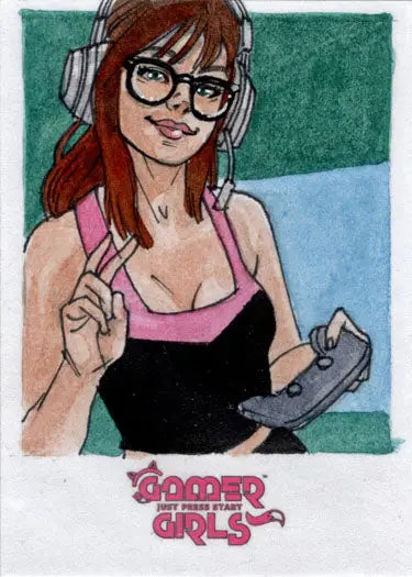 Illustrated portrait of a smiling woman with headphones and controller from 2023 5finity Sketch Card