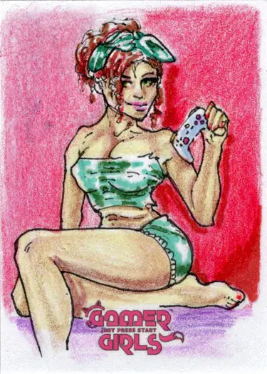 Colorful pin-up style woman in green attire holding playing cards - Max Arrington sketch card