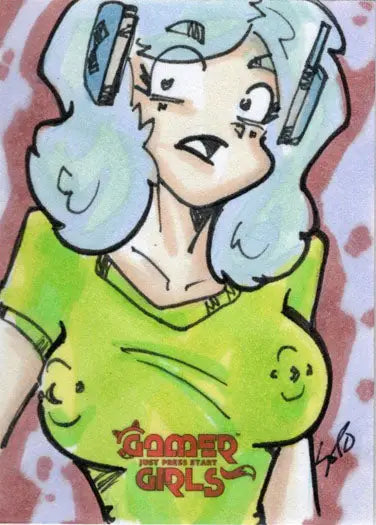 Cartoon character with blue hair in headphones on 2023 Omar Soto sketch card