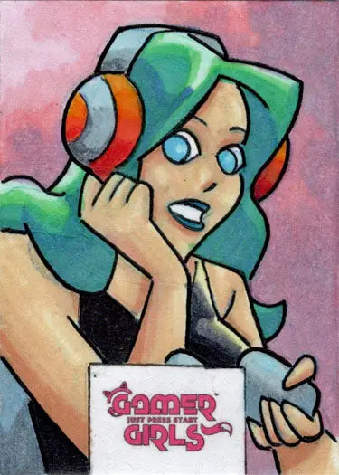 Cartoon-style portrait of teal-haired woman in orange headphones from 2023 Sketch Card by Paul Hill