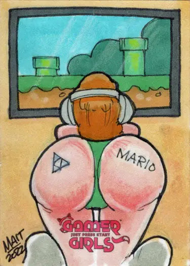 Cartoon character with exaggerated buttocks in headphones on Paul Maitland sketch card