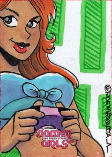 Cartoon woman with red hair in blue holding purple object from Roe Mesquita sketch card