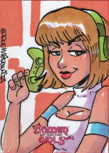 Cartoon illustration of a blonde woman in headphones on a Golden Girls shirt sketch card