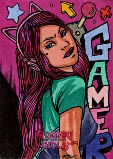 Colorful sketch card featuring a woman with purple hair and gaming symbols by Ulisses Gabriel