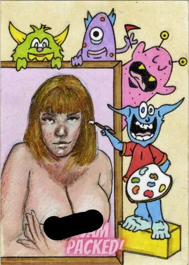 Artistic portrait of a woman with cartoon monsters on a Paul Maitland Rusty Gilligan sketch card