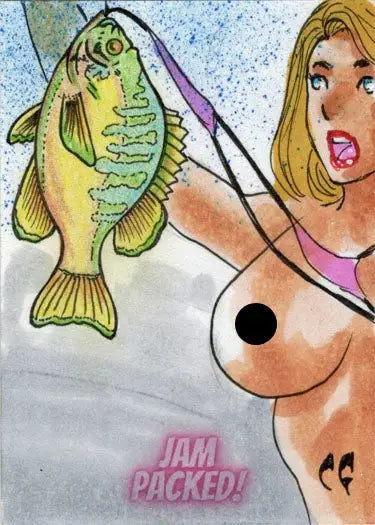 Cartoon sketch card by Rusty Gilligan and Chris Foulkes featuring a woman with a fish