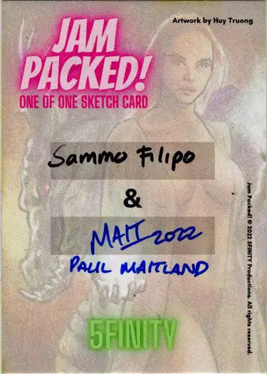 Sketch card featuring a woman’s portrait by Sammo Filipo and Paul Maitland