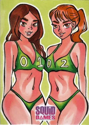 2023 5finity Squid Dames Sketch Card featuring two women in green bikinis