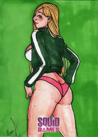 Blonde woman in Squid Game tracksuit and pink underwear on 2023 5finity Squid Dames sketch card by Grae Sundberg