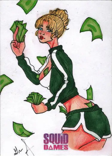 Cartoon woman in Squid Game tracksuit holding money on 2023 5finity Squid Dames sketch card by Grae Sundberg