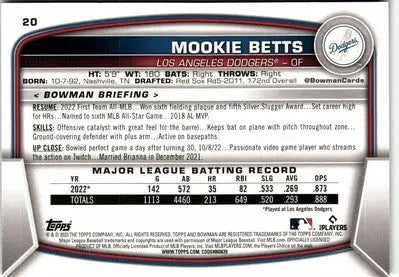 2023 Bowman Mookie Betts baseball card featuring Los Angeles Dodgers player