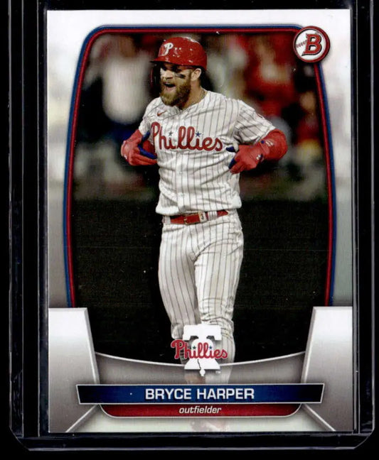 Bryce Harper card featuring a Phillies player in a white pinstriped uniform