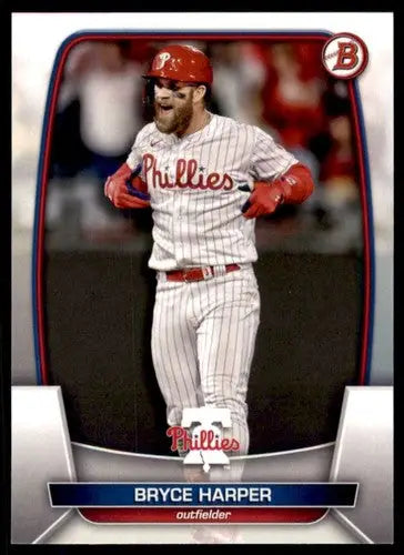 Original gloss Bryce Harper baseball card from 2023 Bowman #24 Phillies featuring simply Sandoval