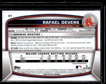 Baseball trading card of Rafael Devers, Boston Red Sox, 2023 Bowman NM-MT