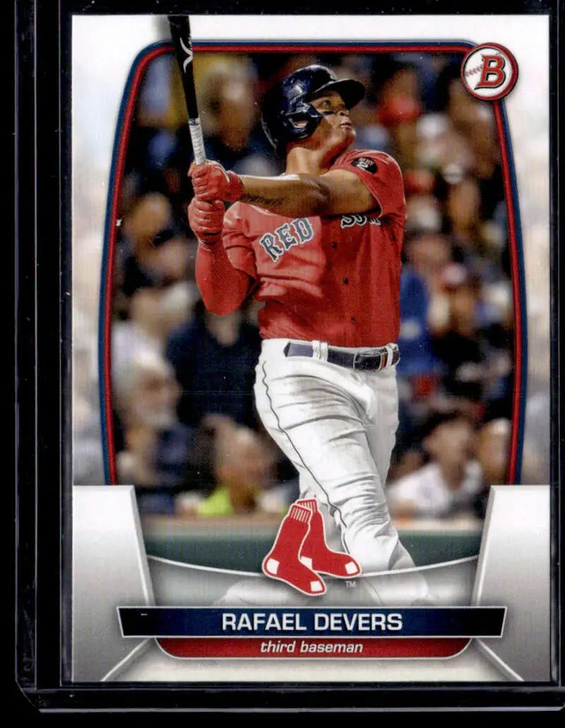 Baseball card of Rafael Devers in red uniform mid-swing, 2023 Bowman NM-MT