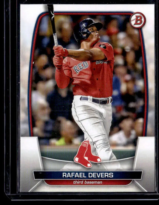 Baseball card of Rafael Devers in red uniform mid-swing, 2023 Bowman NM-MT