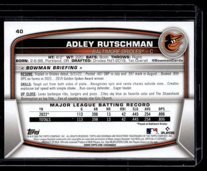 Baseball card featuring Adley Rutschman NM-MT with MLB batting statistics and highlights
