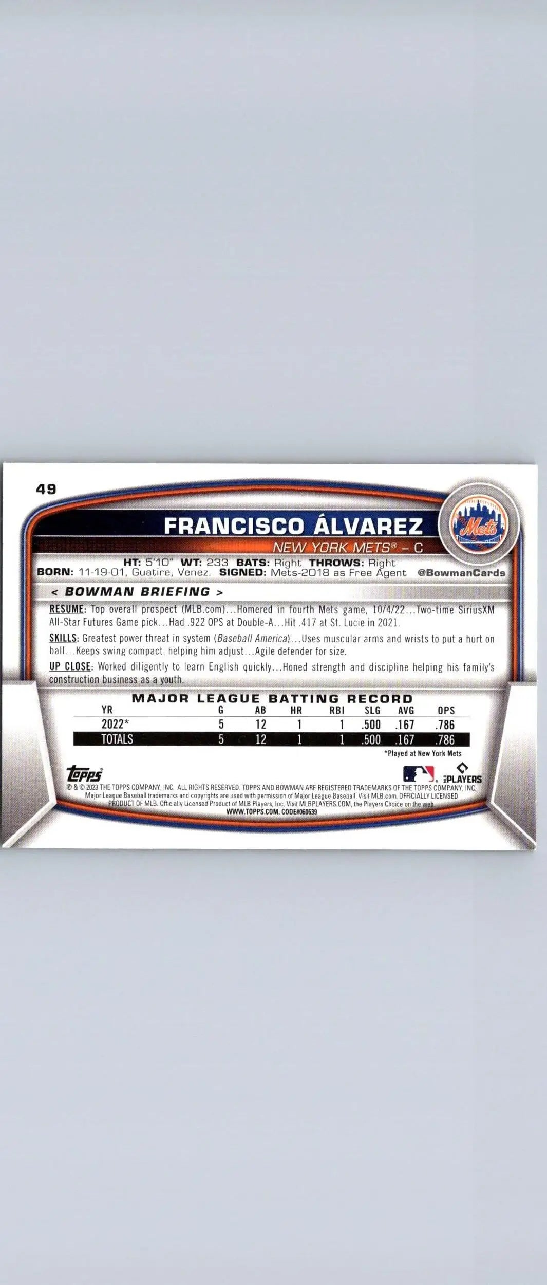Francisco Alvarez 2023 Bowman #49 baseball card for trading card collectors