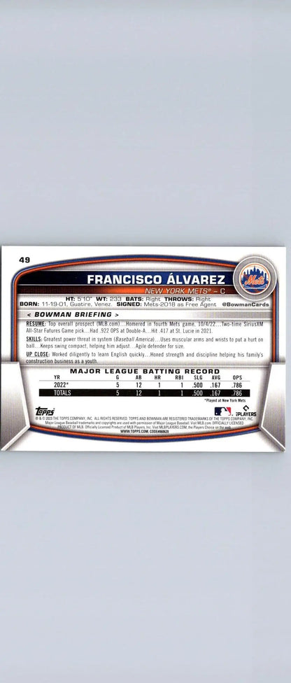 Francisco Alvarez 2023 Bowman #49 baseball card for trading card collectors