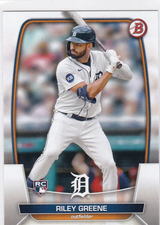Baseball card of Riley Greene RC in white uniform for Detroit Tigers at bat