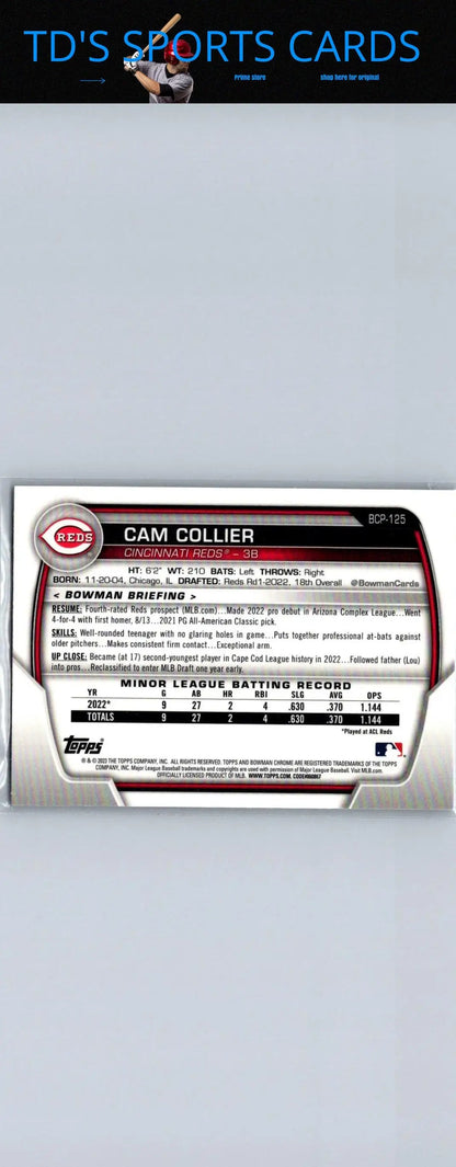 2023 Bowman Cam Collier Chrome Prospects Mojo Refractors baseball card