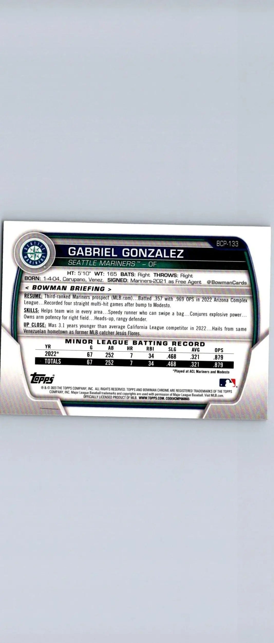 Baseball card back of 2023 Bowman Gabriel Gonzalez Chrome Prospects #BCP-133