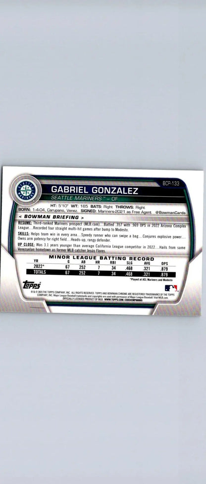 Baseball card back of 2023 Bowman Gabriel Gonzalez Chrome Prospects #BCP-133