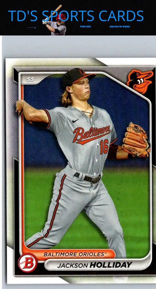 Jackson Holliday baseball card from 2023 Bowman Chrome Prospects Mojo Gold Refractors