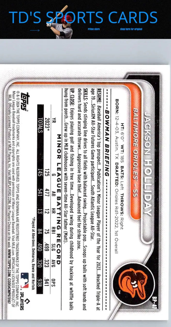 Jackson Holliday baseball card from 2023 Bowman Chrome Prospects Mojo Gold Refractors