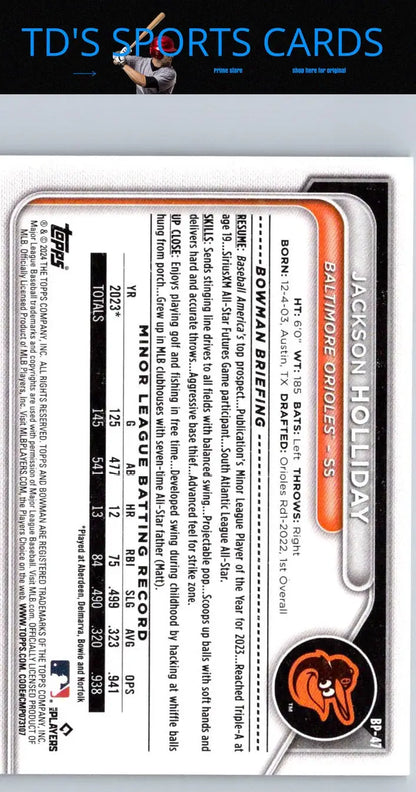 Jackson Holliday baseball card from 2023 Bowman Chrome Prospects Mojo Gold Refractors