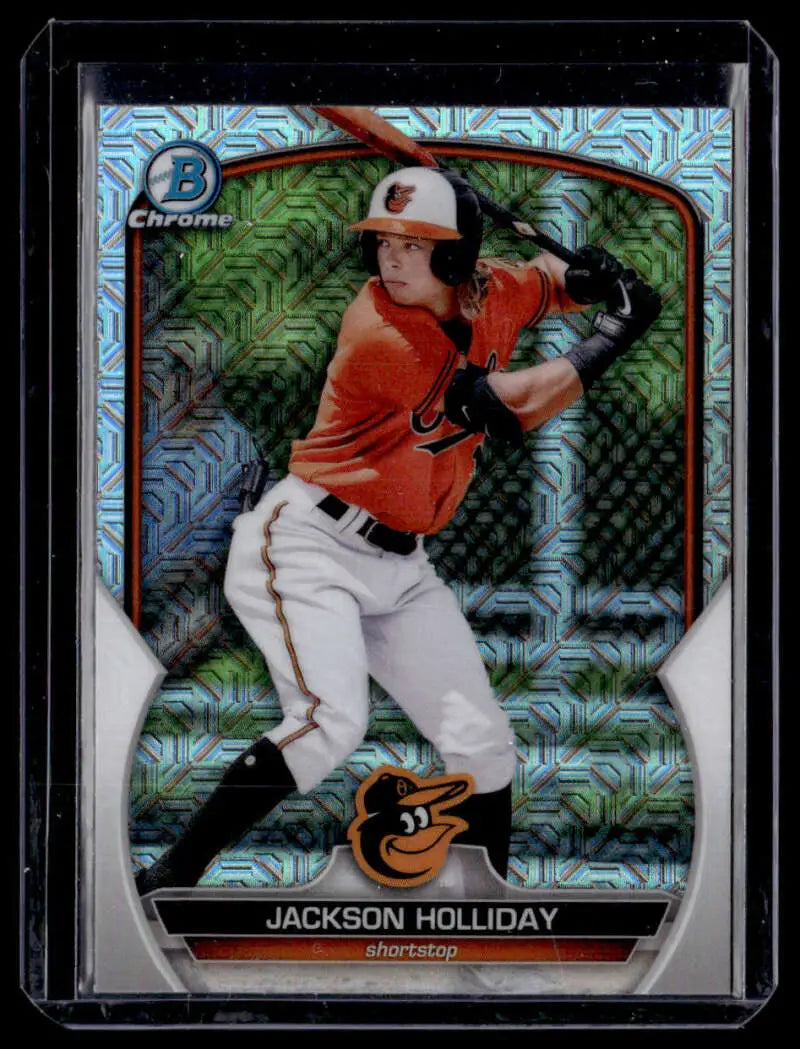 Baseball card of Jackson Holliday in batting stance, featuring Chrome Prospects Mojo Refractors