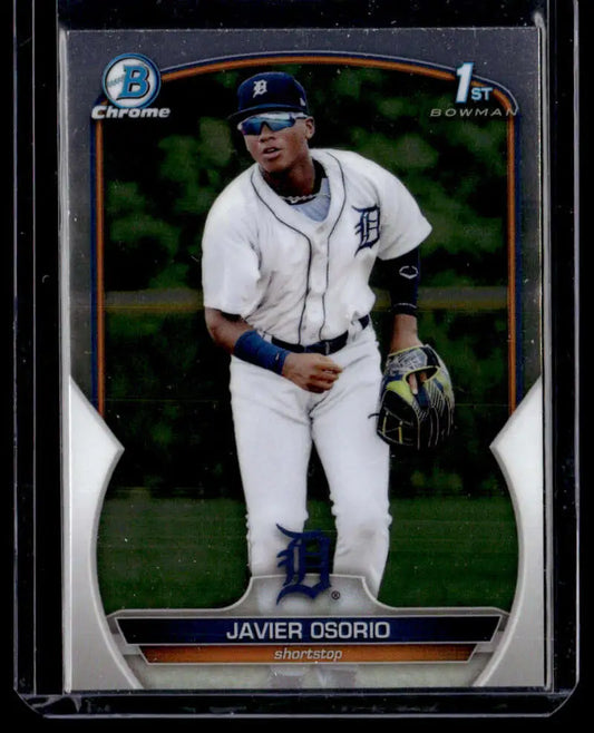 Baseball card of Javier Osorio in white home uniform from 2023 Bowman Chrome Prospects