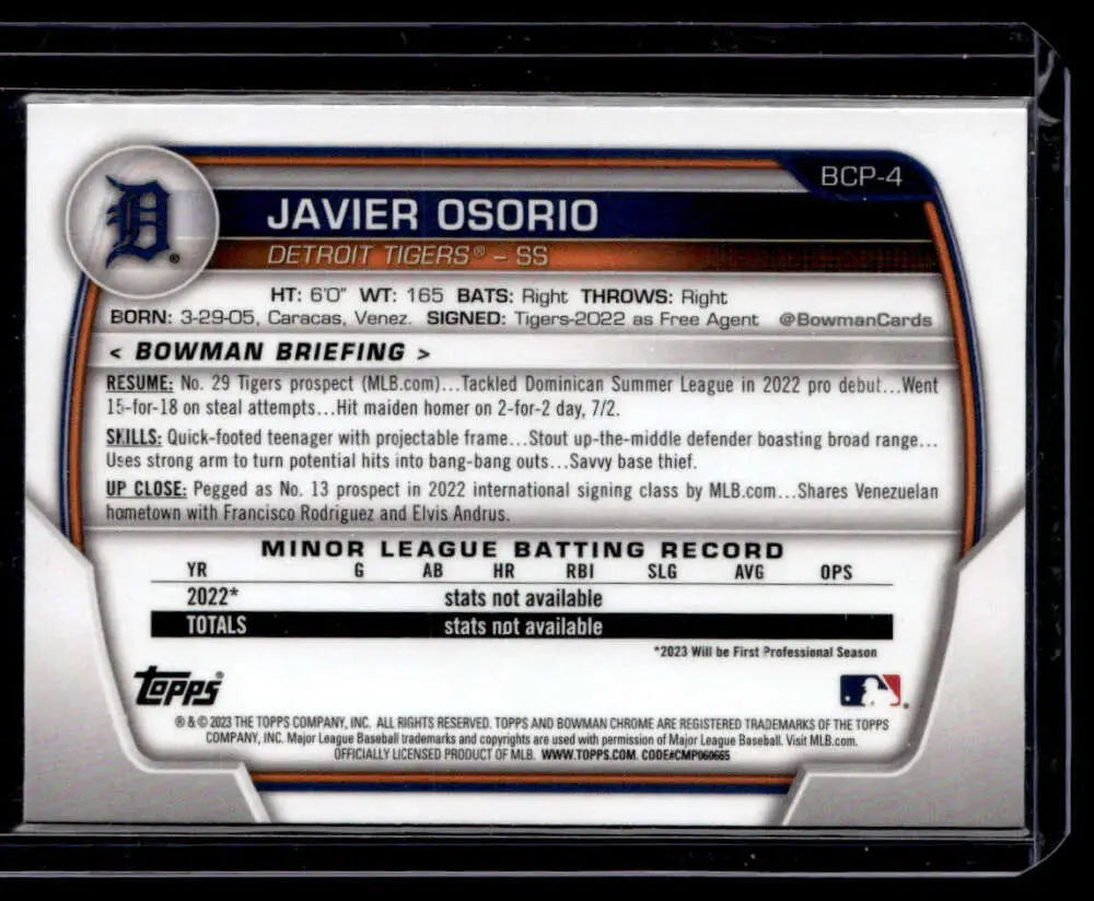 Baseball card of Javier Osorio from 2023 Bowman Chrome Prospects with player statistics