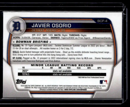 Baseball card of Javier Osorio from 2023 Bowman Chrome Prospects with player statistics