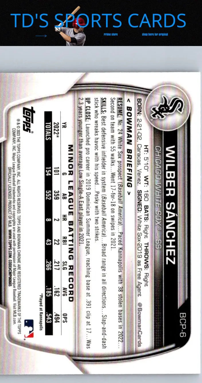 Baseball trading card of Wilbert Sanchez from 2023 Bowman Chrome Prospects series