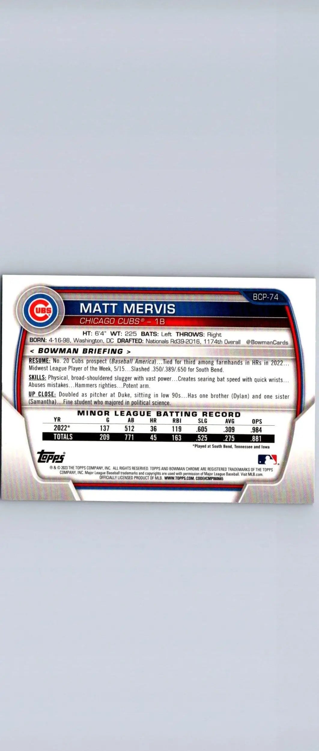 Matt Mervis Chrome Prospects baseball card from 2023 Bowman #BCP-74 showcasing Matt Mervis