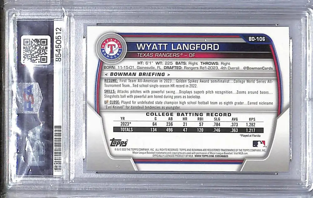 PSA-graded Wyatt Langford baseball card from 2023 Bowman BD-106 Texas Rangers